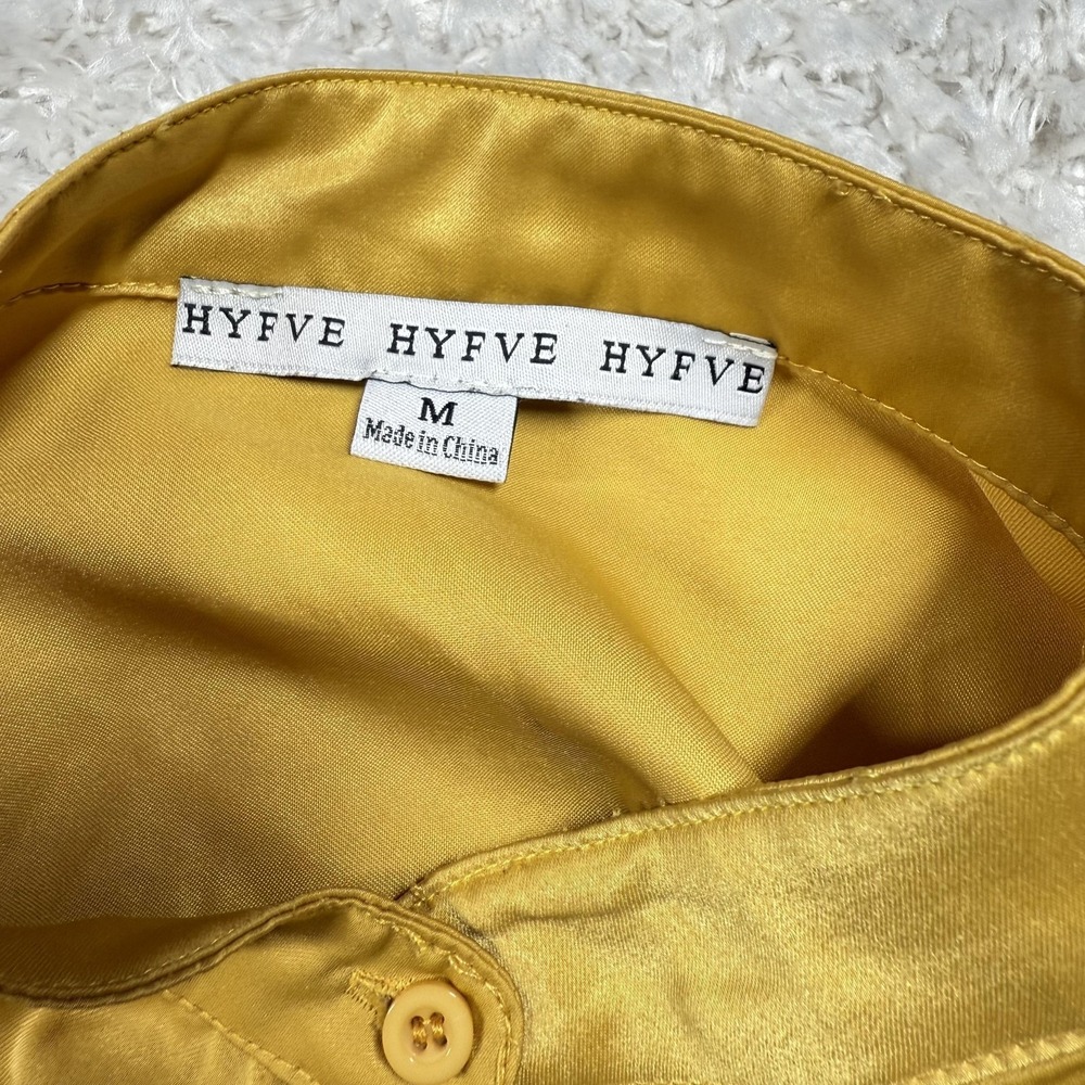 HYFVE Shirt Women Medium Satin Ruched Button Up LS Blouse Chic Top Clean Capsule - Picture 7 of 9